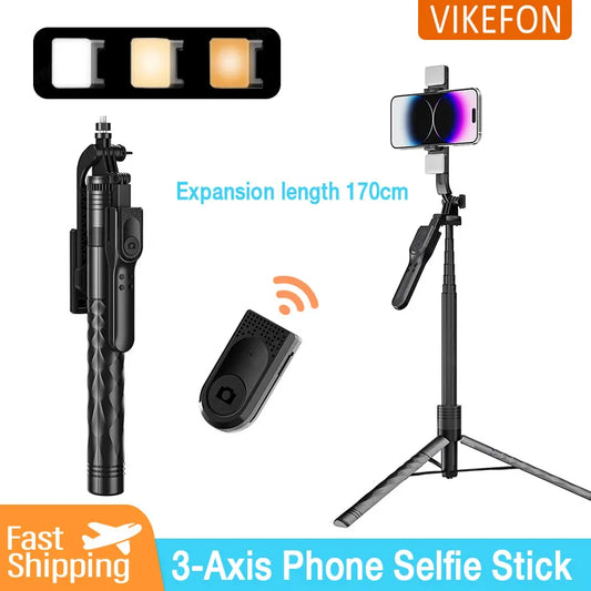 3-axis Anti-shake Head Selfie Stick Mobile Phone Holder Bluetooth Remote Control Retractable 1.7 Meters with Flash Live Stand